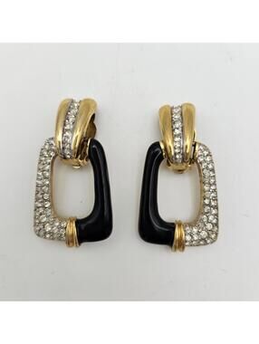 Nina Ricci Clip-On Earrings: Black Enamel, Rhinestone, Gold Tone Statement 80s